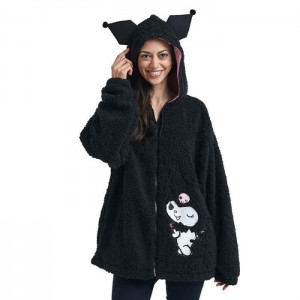 Black Hello Kitty Kuromi Cozy Sherpa Zip Lounge Hoodie | CA_HK19678