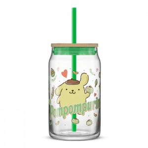 Green Hello Kitty Pompompurin Favorite Flavor Lidded Glass Tumbler | CA_HK30683