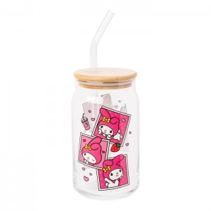 Pink Hello Kitty My Melody Snacks Bamboo Lidded Glass Tumbler | CA_HK95396