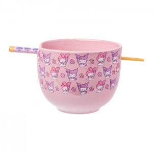 Pink Hello Kitty My Melody & Kuromi Ceramic Ramen Bowl and Chopstick Set (Pastel Flowers) | CA_HK13785