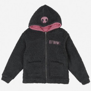 Pink / Black Hello Kitty Kuromi & My Melody x Dumbgood Reversible Sherpa Zip Hoodie | CA_HK40221