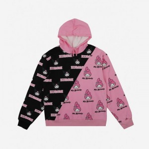 Pink / Black Hello Kitty My Melody & Kuromi x Dumbgood Pattern Split Hoodie | CA_HK35754