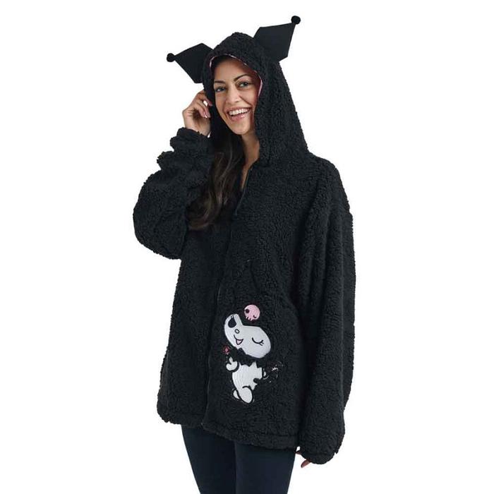 Black Hello Kitty Kuromi Cozy Sherpa Zip Lounge Hoodie | CA_HK19678