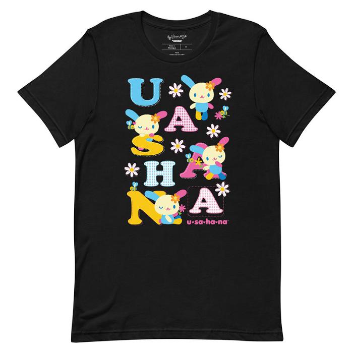 Black Hello Kitty U*SA*HA*NA Scattered Letters Tee | CA_HK75258