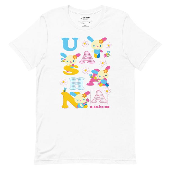 Black Hello Kitty U*SA*HA*NA Scattered Letters Tee | CA_HK75258