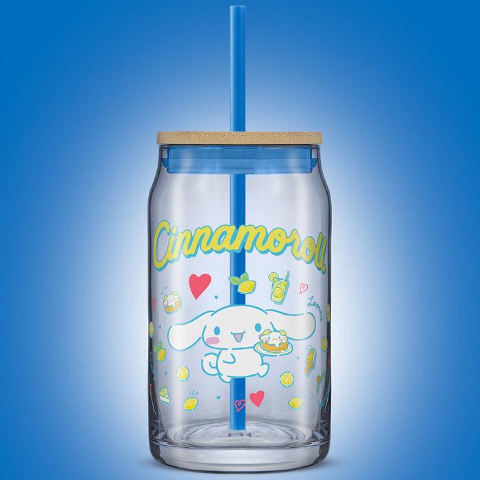 Blue Hello Kitty Cinnamoroll Favorite Flavor Lidded Glass Tumbler | CA_HK43681