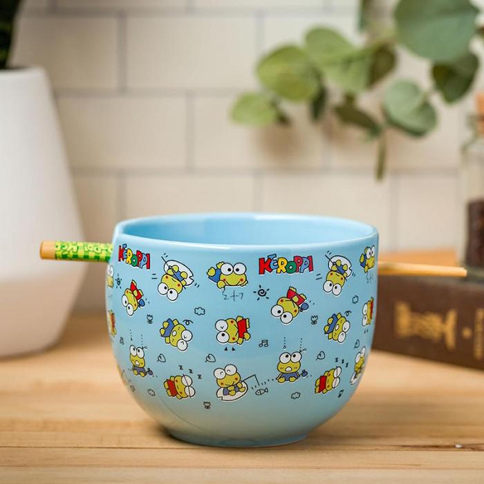 Blue Hello Kitty Keroppi Ceramic Ramen Bowl and Chopstick Set (Poses) | CA_HK12219