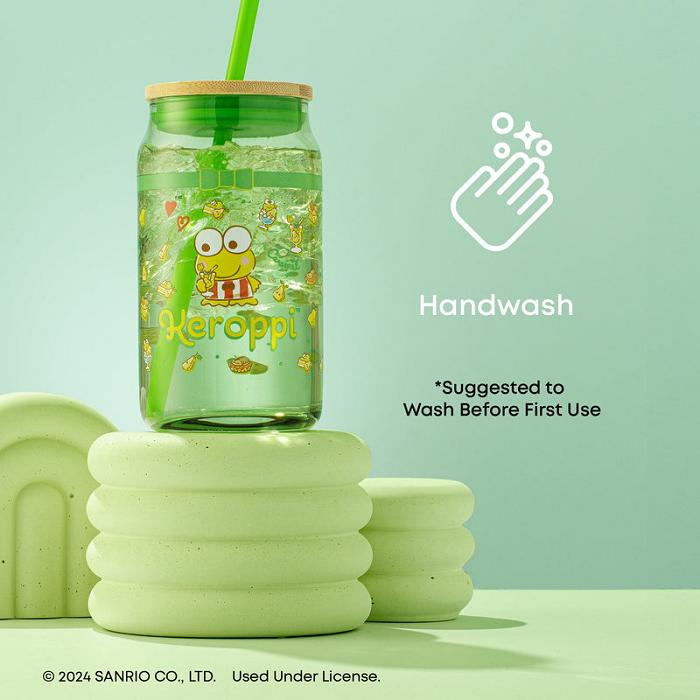 Green Hello Kitty Keroppi Favorite Flavor Lidded Glass Tumbler | CA_HK55851