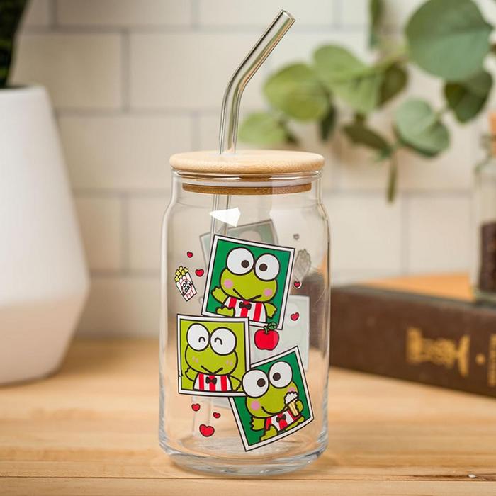 Green Hello Kitty Keroppi Snacks Bamboo Lidded Glass Tumbler | CA_HK46611