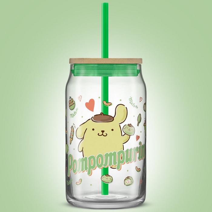 Green Hello Kitty Pompompurin Favorite Flavor Lidded Glass Tumbler | CA_HK24797