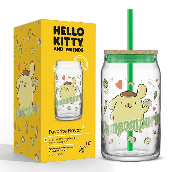 Green Hello Kitty Pompompurin Favorite Flavor Lidded Glass Tumbler | CA_HK24797