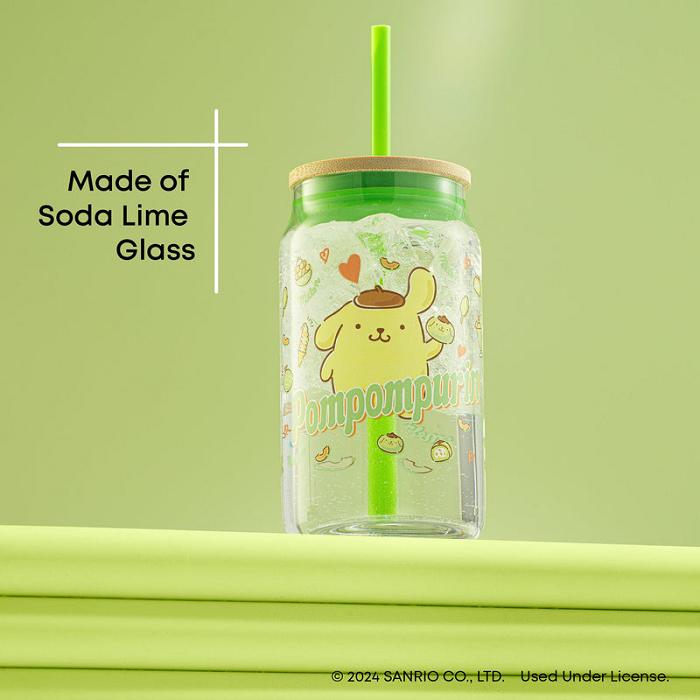 Green Hello Kitty Pompompurin Favorite Flavor Lidded Glass Tumbler | CA_HK24797