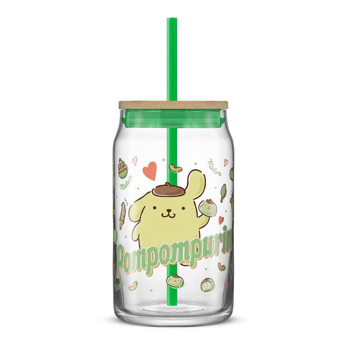 Green Hello Kitty Pompompurin Favorite Flavor Lidded Glass Tumbler | CA_HK24797