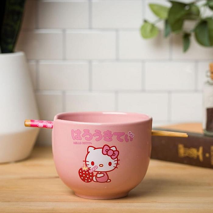 Pink Hello Kitty Hello Kitty Ceramic Ramen Bowl and Chopstick Set (Strawberry Milk) | CA_HK88507