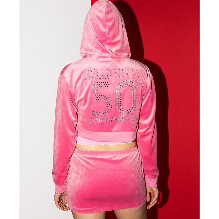 Pink Hello Kitty Hello Kitty x Dumbgood Pink Velour Cropped Hoodie (50th Anniv.) | CA_HK82833