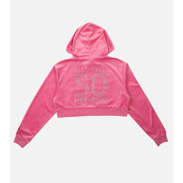 Pink Hello Kitty Hello Kitty x Dumbgood Pink Velour Cropped Hoodie (50th Anniv.) | CA_HK82833