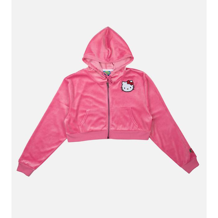 Pink Hello Kitty Hello Kitty x Dumbgood Pink Velour Cropped Hoodie (50th Anniv.) | CA_HK82833