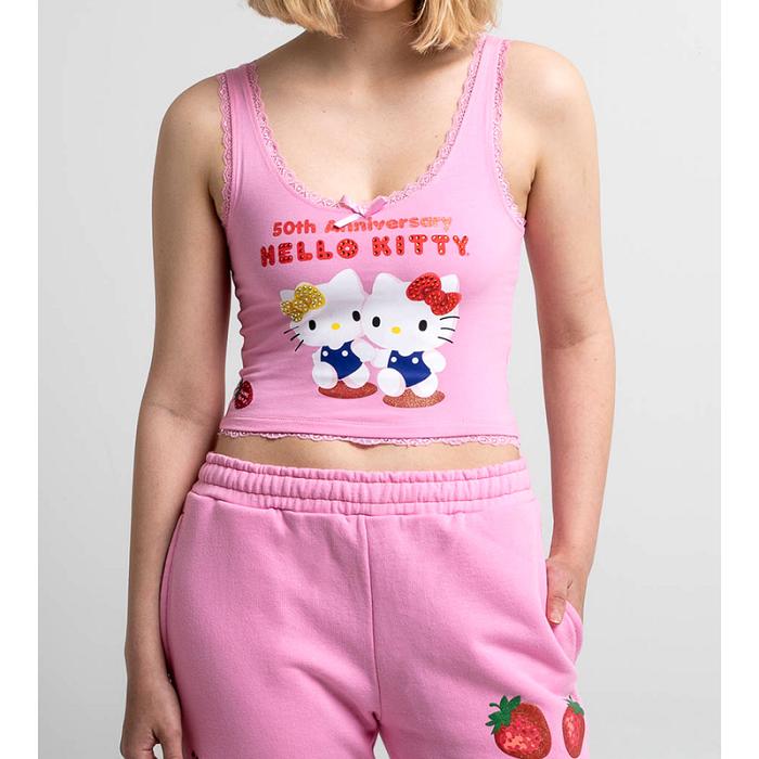 Pink Hello Kitty Hello Kitty x Dumbgood Lace Cropped Tank (50th Anniv.) | CA_HK49739