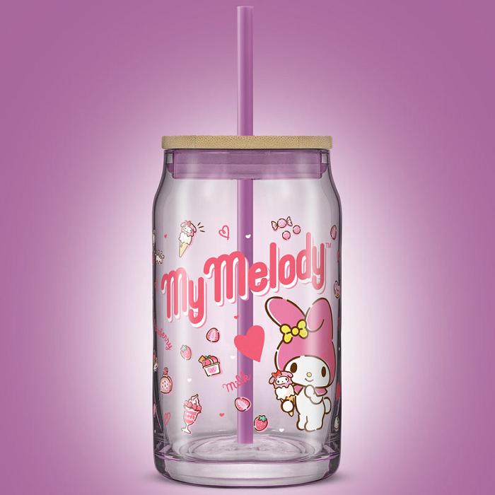 Pink Hello Kitty My Melody Favorite Flavor Lidded Glass Tumbler | CA_HK94707