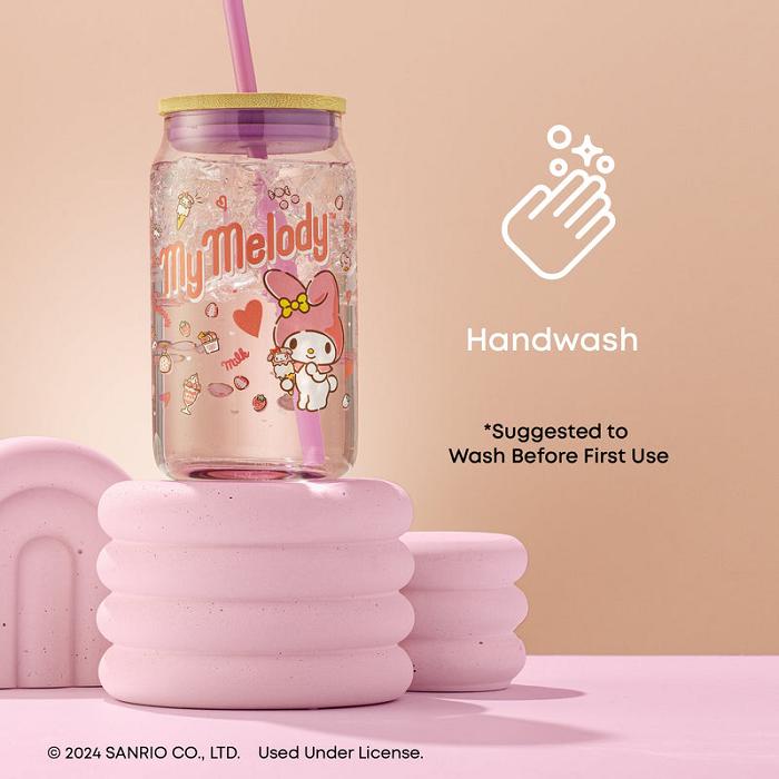 Pink Hello Kitty My Melody Favorite Flavor Lidded Glass Tumbler | CA_HK94707