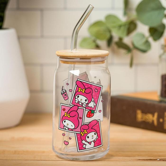 Pink Hello Kitty My Melody Snacks Bamboo Lidded Glass Tumbler | CA_HK95396