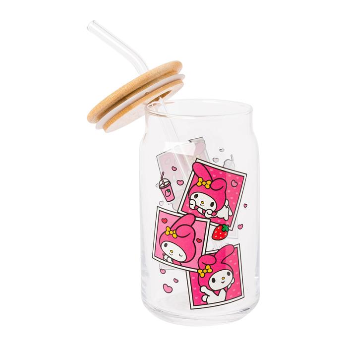 Pink Hello Kitty My Melody Snacks Bamboo Lidded Glass Tumbler | CA_HK95396