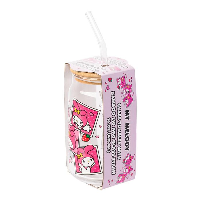 Pink Hello Kitty My Melody Snacks Bamboo Lidded Glass Tumbler | CA_HK95396