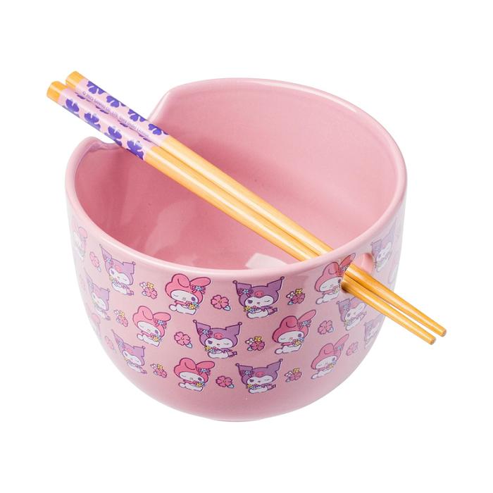 Pink Hello Kitty My Melody & Kuromi Ceramic Ramen Bowl and Chopstick Set (Pastel Flowers) | CA_HK13023