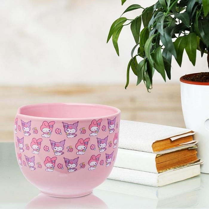 Pink Hello Kitty My Melody & Kuromi Ceramic Ramen Bowl and Chopstick Set (Pastel Flowers) | CA_HK13023