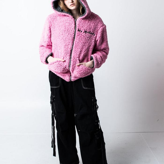 Pink / Black Hello Kitty Kuromi & My Melody x Dumbgood Reversible Sherpa Zip Hoodie | CA_HK44886