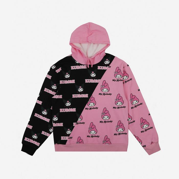 Pink / Black Hello Kitty My Melody & Kuromi x Dumbgood Pattern Split Hoodie | CA_HK75613