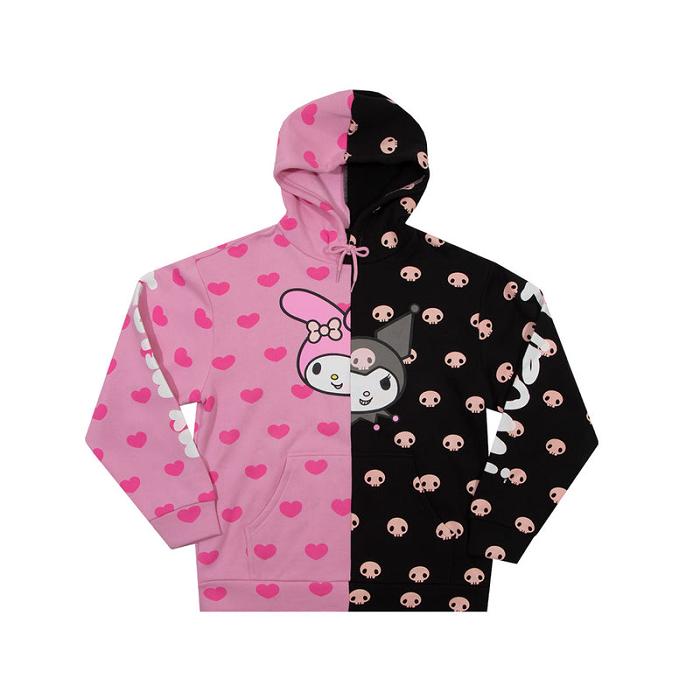 Pink / Black Hello Kitty My Melody & Kuromi Split Pullover Hoodie | CA_HK35787