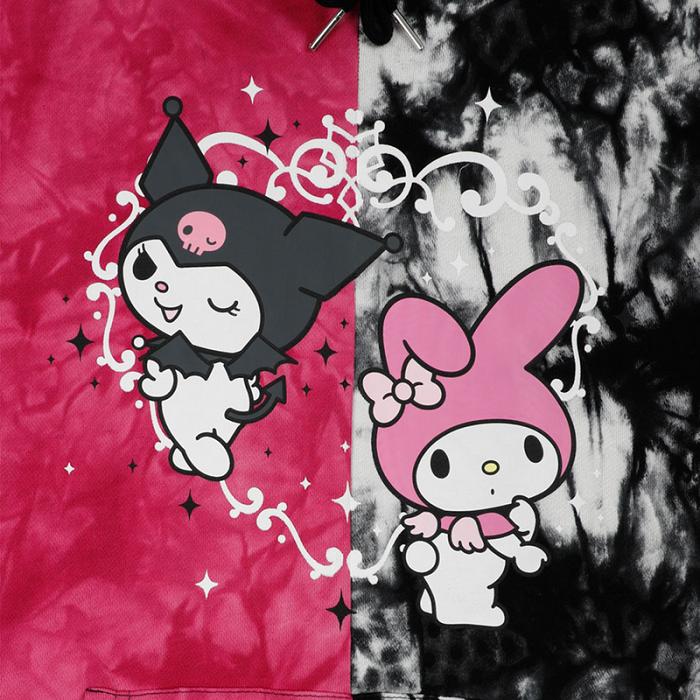 Red Black Hello Kitty My Melody & Kuromi x Dumbgood Tie Dye Split Hoodie | CA_HK53833