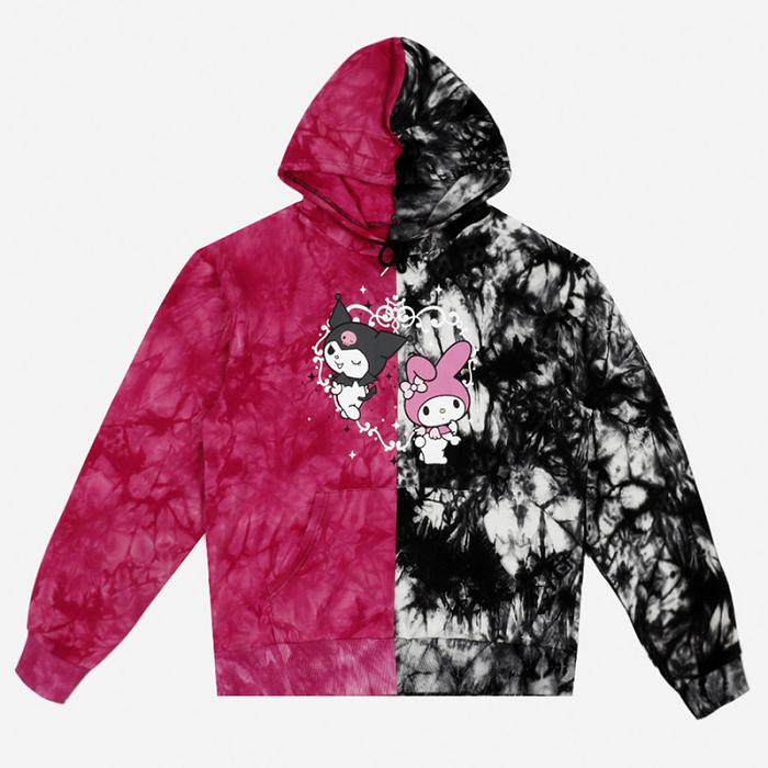 Red Black Hello Kitty My Melody & Kuromi x Dumbgood Tie Dye Split Hoodie | CA_HK53833