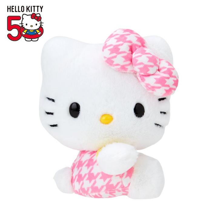 White / Pink Hello Kitty Hello Kitty 50th Anniv. Plush Mascot (Pink Houndstooth) | CA_HK23858