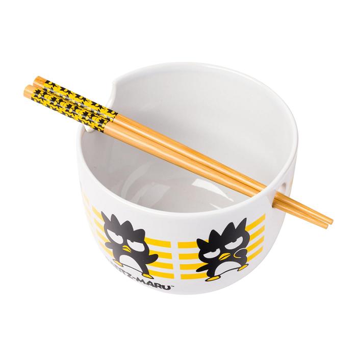 Yellow Hello Kitty Badtz-maru Ceramic Ramen Bowl and Chopstick Set (Stripes) | CA_HK63809