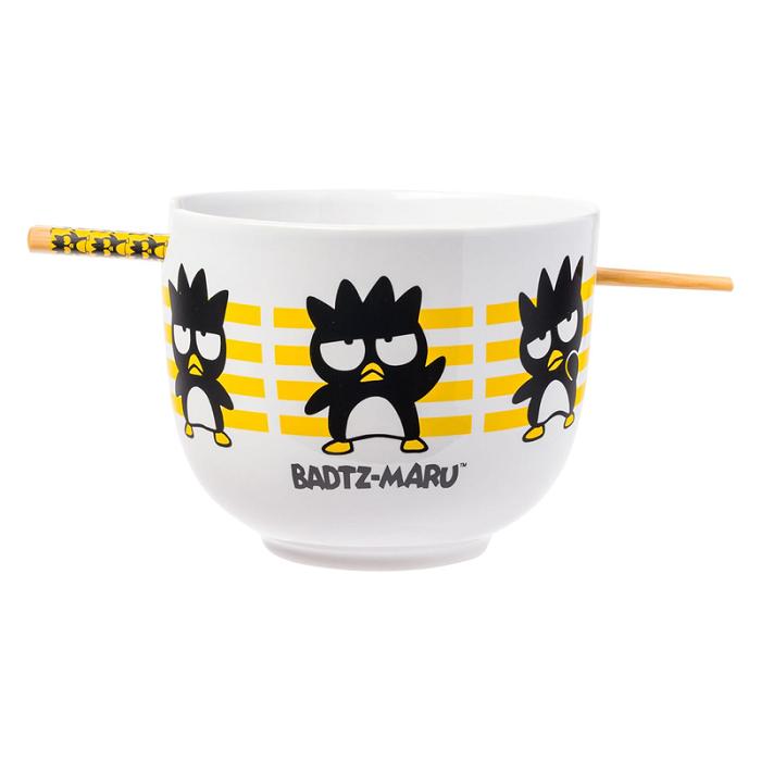 Yellow Hello Kitty Badtz-maru Ceramic Ramen Bowl and Chopstick Set (Stripes) | CA_HK55523